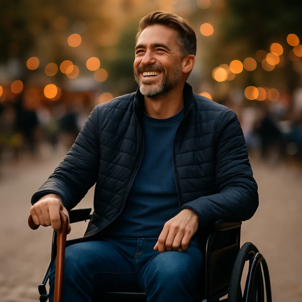 Stylish elderly man in a wheelchair enjoying a sunny public event, smiling and dressed in modern casual clothing with bokeh background