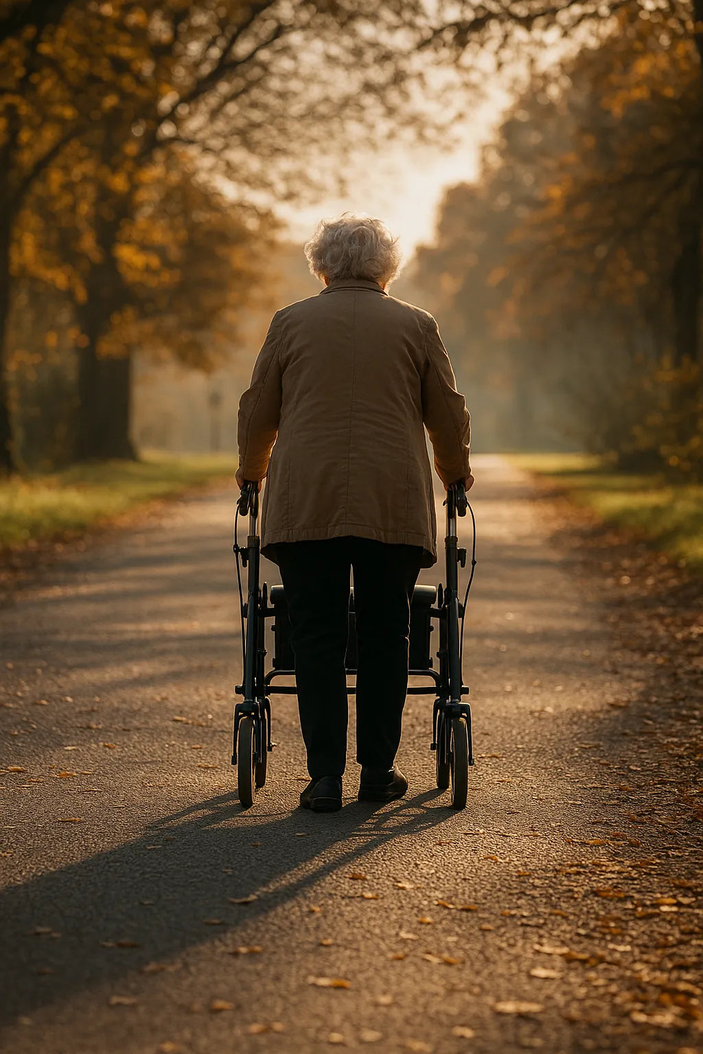 Elderly woman using a rollator walker on a peaceful park path in autumn sunlight