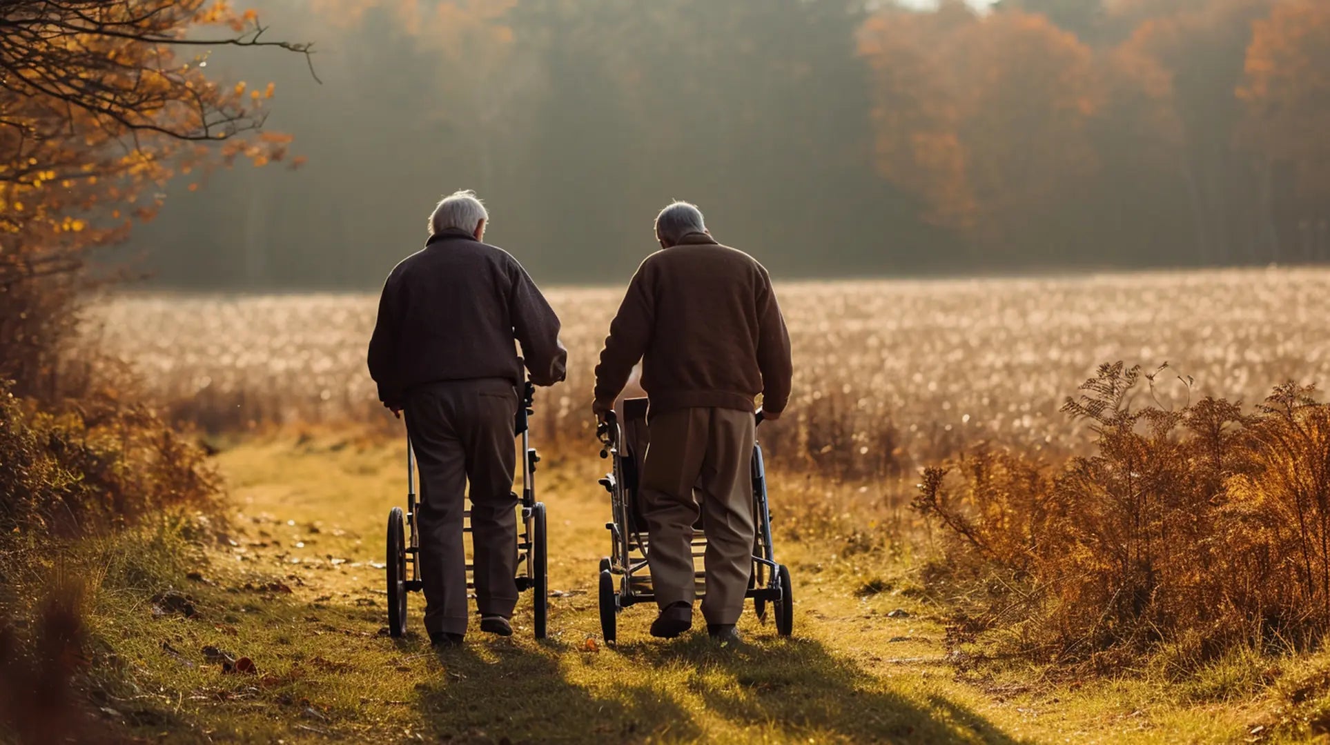 Two elderly men walking with rollator walkers along a nature path surrounded by autumn trees, representing independent senior mobility.